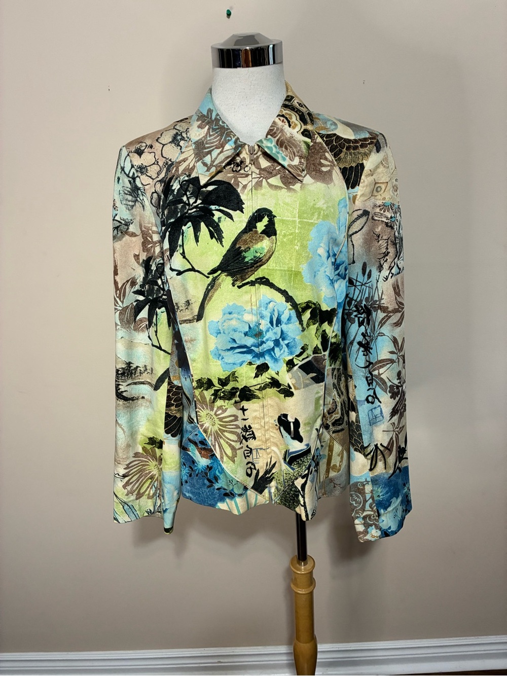 Simon Chang Floral & Bird Print Button-Up Jacket in Blue, Green, and Brown